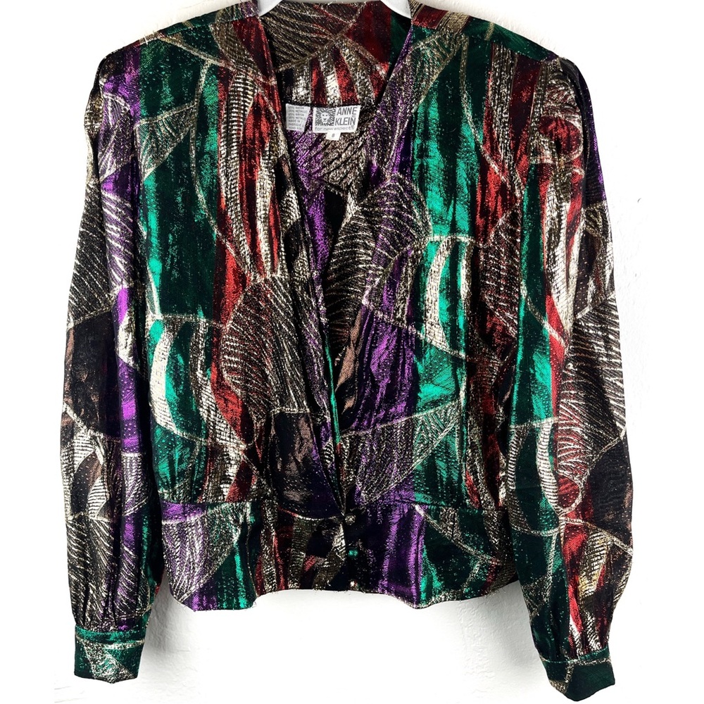 Vintage Anne Klein Colorful Shiny Metallic Blouse Loose Fit sz 8 80s Disco